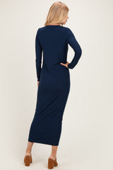 Navy Ribbed Fitted Long Sleeve Midi Dress