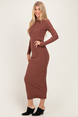 Red Brown Ribbed Fitted Long Sleeve Midi Dress