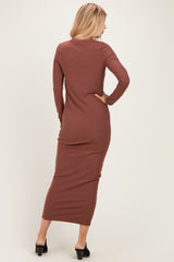 Red Brown Ribbed Fitted Long Sleeve Midi Dress