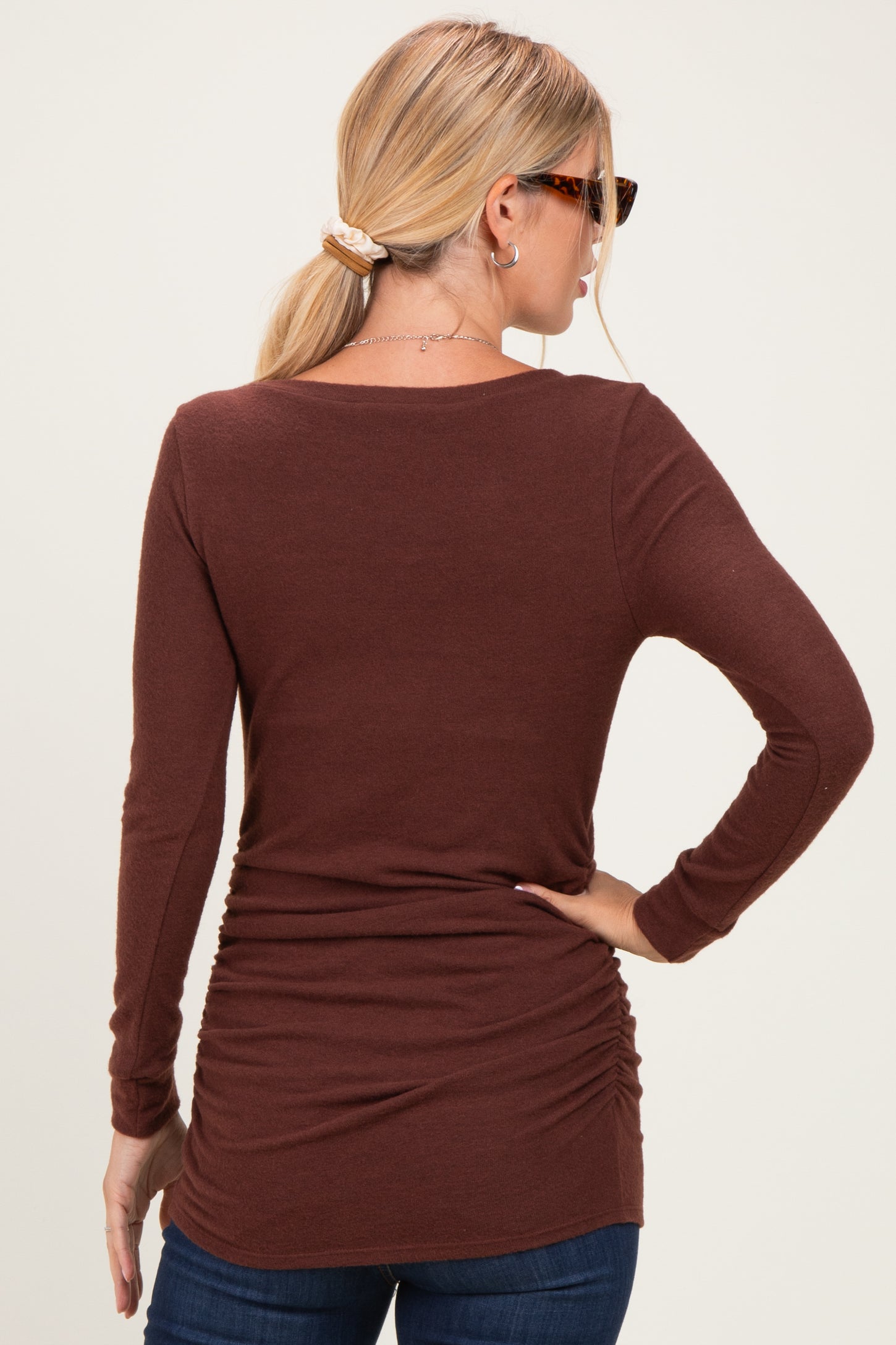 Brown Soft Knit Ruched Top