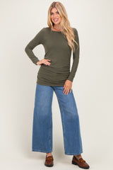 Olive Soft Knit Ruched Top