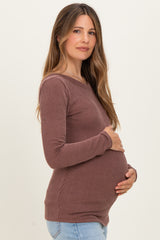 Brown Ribbed Scoop Neck Long Sleeve Maternity Top