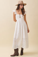 White Embroidered Smocked Cutout Maternity Midi Dress