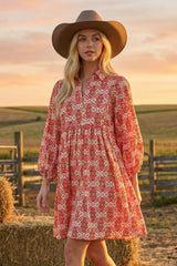 Red Print Collared Balloon Sleeve Maternity Dress