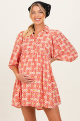 Red Print Collared Balloon Sleeve Maternity Dress