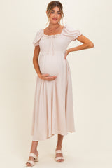 Beige Square Neck Puff Sleeve Maternity Midi Dress