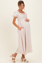 Beige Square Neck Puff Sleeve Maternity Midi Dress