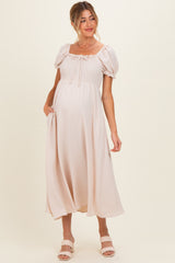 Beige Square Neck Puff Sleeve Maternity Midi Dress