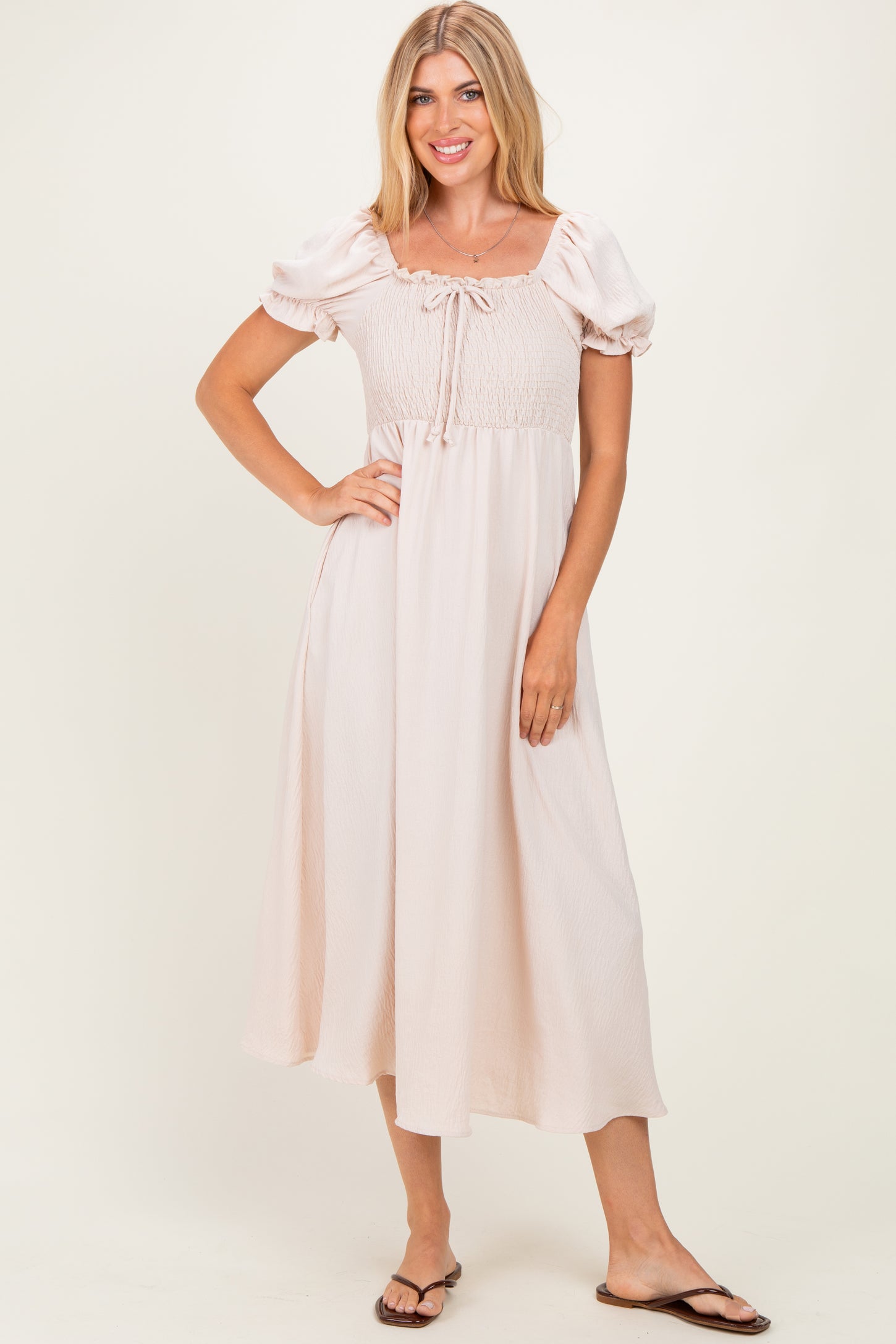 Beige Square Neck Puff Sleeve Midi Dress