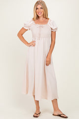 Beige Square Neck Puff Sleeve Midi Dress