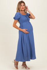 Blue Square Neck Puff Sleeve Maternity Midi Dress