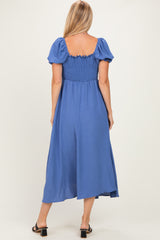 Blue Square Neck Puff Sleeve Midi Dress