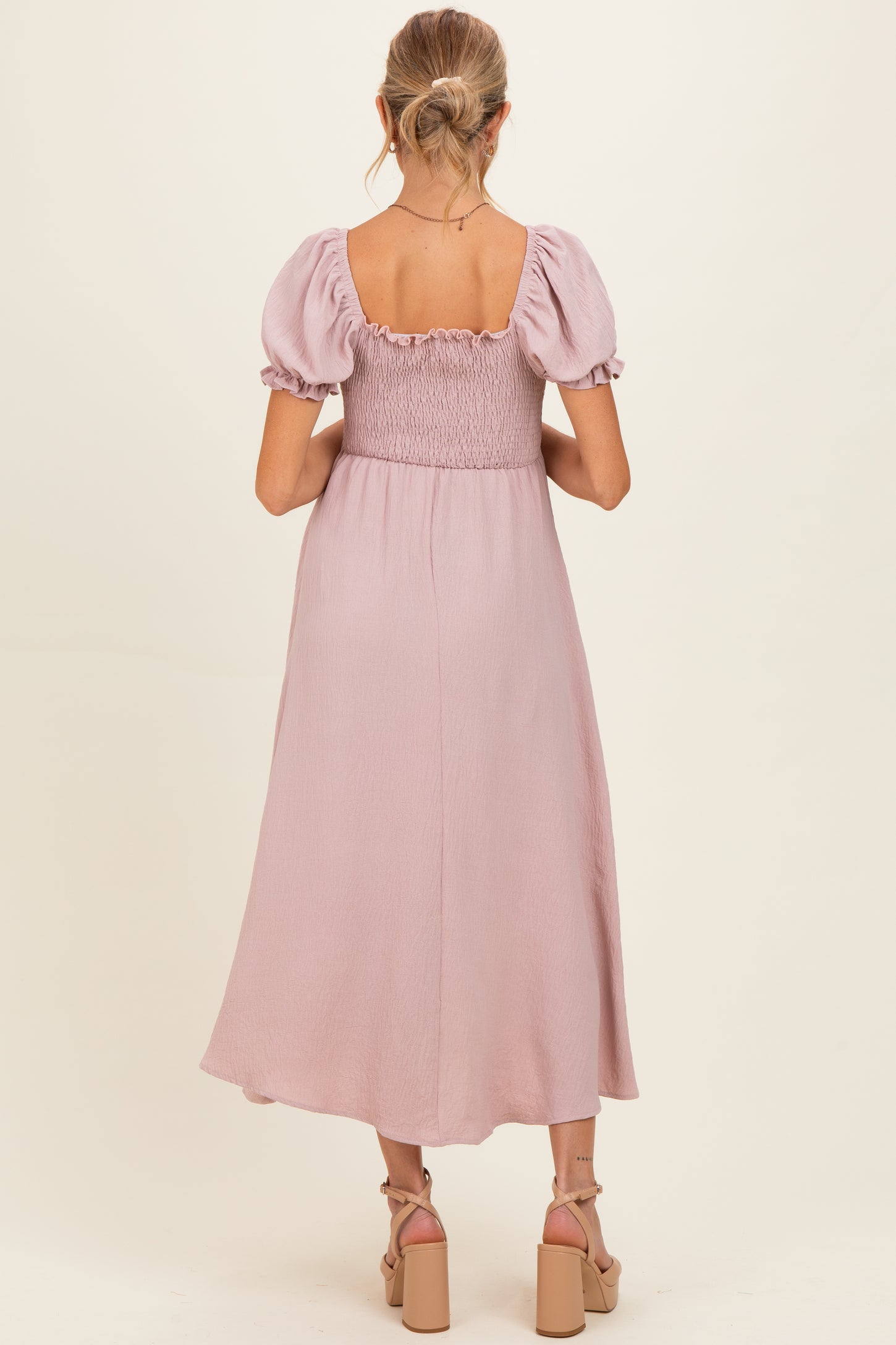 Mauve Square Neck Puff Sleeve Maternity Midi Dress
