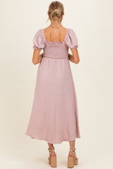 Mauve Square Neck Puff Sleeve Maternity Midi Dress