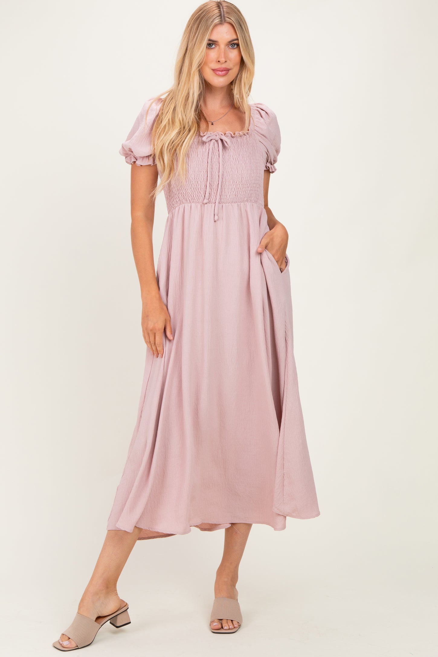 Mauve Square Neck Puff Sleeve Maternity Midi Dress