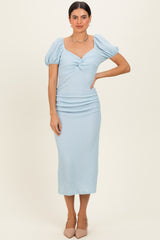 Light Blue Knit Twisted Bust Short Sleeve Midi Dress