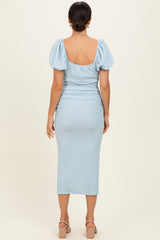 Light Blue Knit Twisted Bust Short Sleeve Midi Dress