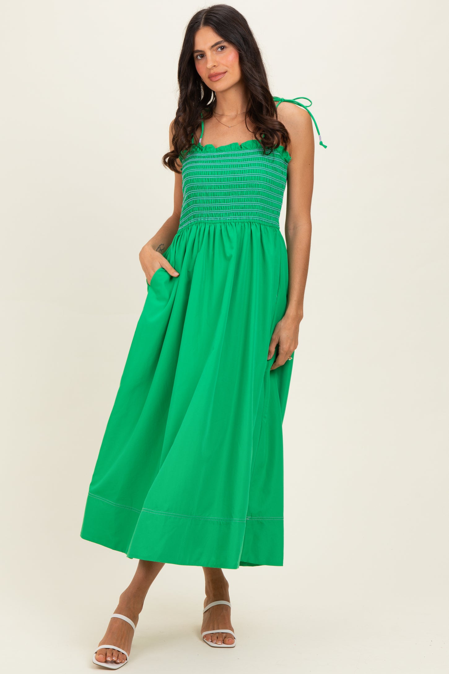 Green Smocked Shoulder Tie Maternity Midi Dress