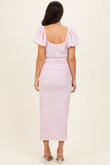Light Pink Knit Twisted Bust Short Sleeve Midi Dress