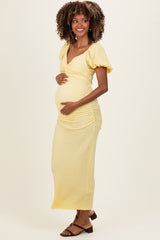 Yellow Knit Twisted Bust Short Sleeve Maternity Midi Dress