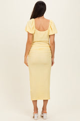 Yellow Knit Twisted Bust Short Sleeve Midi Dress