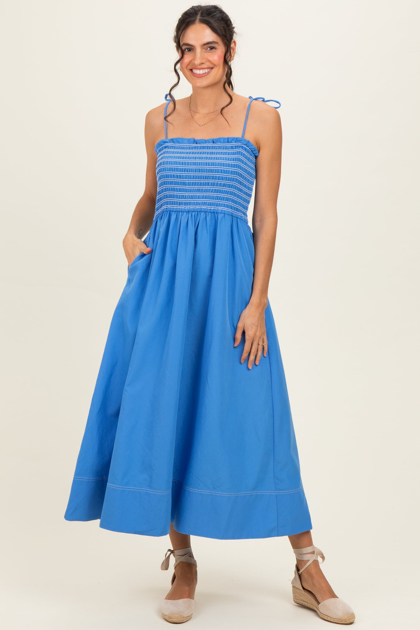 Blue Smocked Shoulder Tie Midi Dress