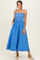 Blue Smocked Shoulder Tie Midi Dress