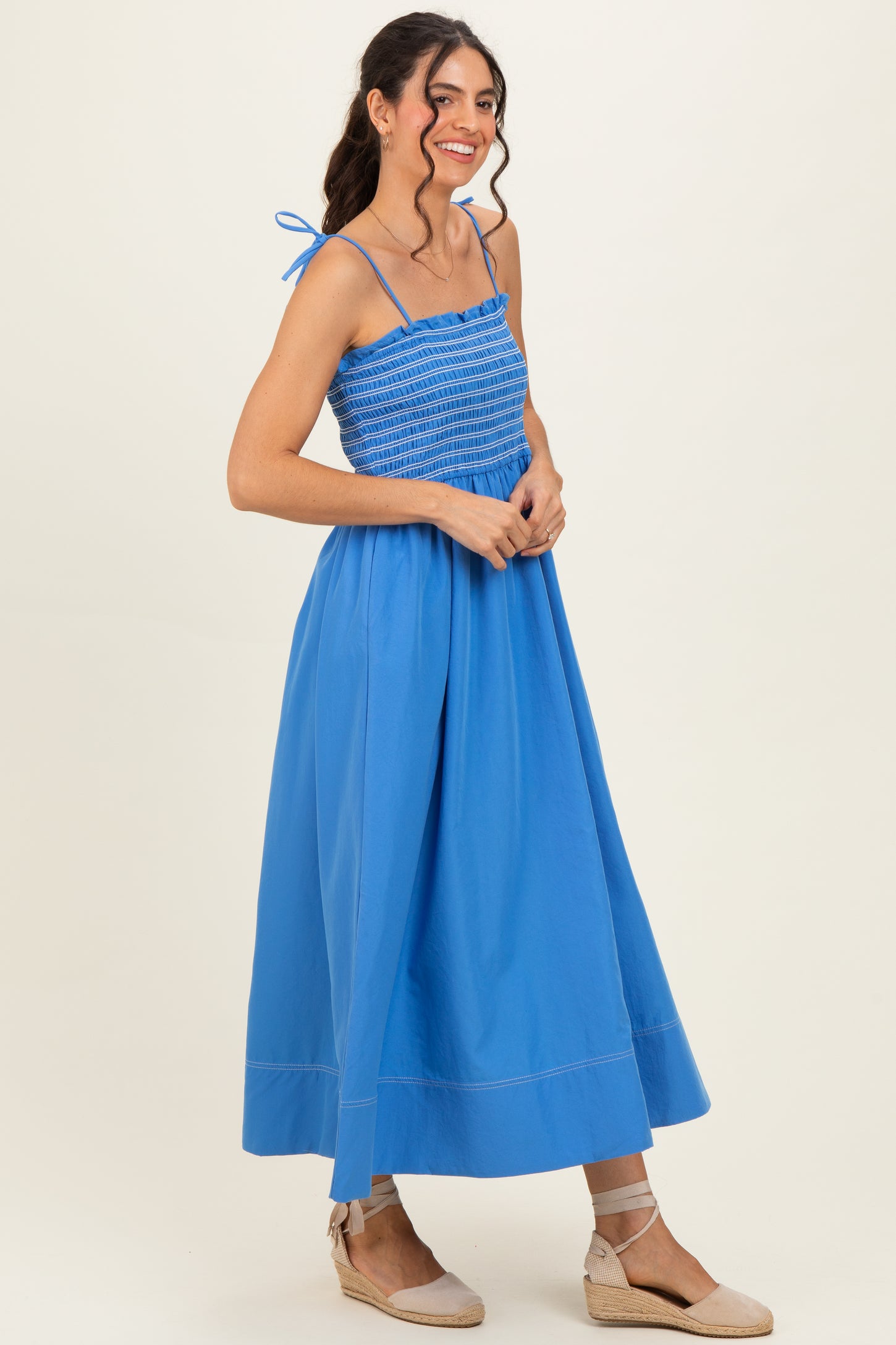 Blue Smocked Shoulder Tie Midi Dress
