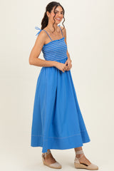 Blue Smocked Shoulder Tie Midi Dress