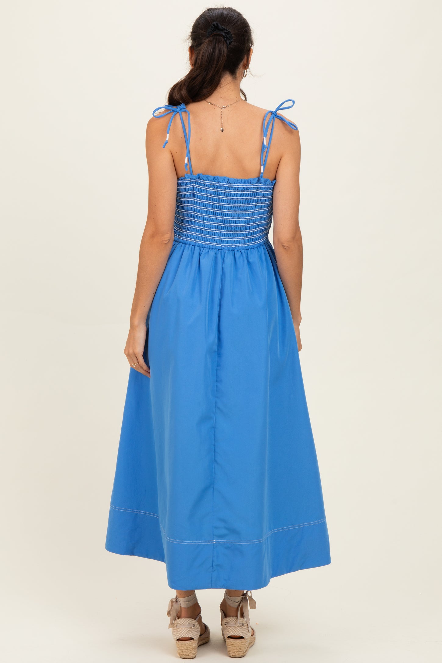 Blue Smocked Shoulder Tie Midi Dress
