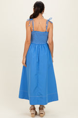 Blue Smocked Shoulder Tie Midi Dress