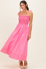 Pink Smocked Shoulder Tie Midi Dress