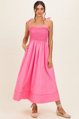 Pink Smocked Shoulder Tie Midi Dress