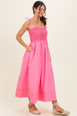 Pink Smocked Shoulder Tie Midi Dress