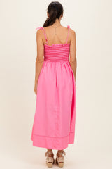 Pink Smocked Shoulder Tie Midi Dress