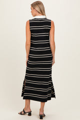 Black Striped Sleeveless Collared Maternity Midi Dress