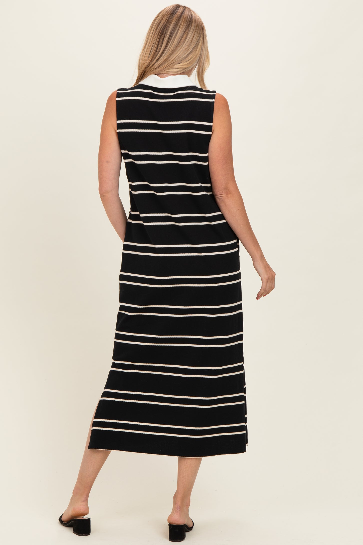 Black Striped Sleeveless Collared Midi Dress