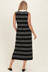 Black Striped Sleeveless Collared Midi Dress