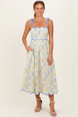 Blue Floral Scallop Accent Shoulder Tie Maternity Midi Dress