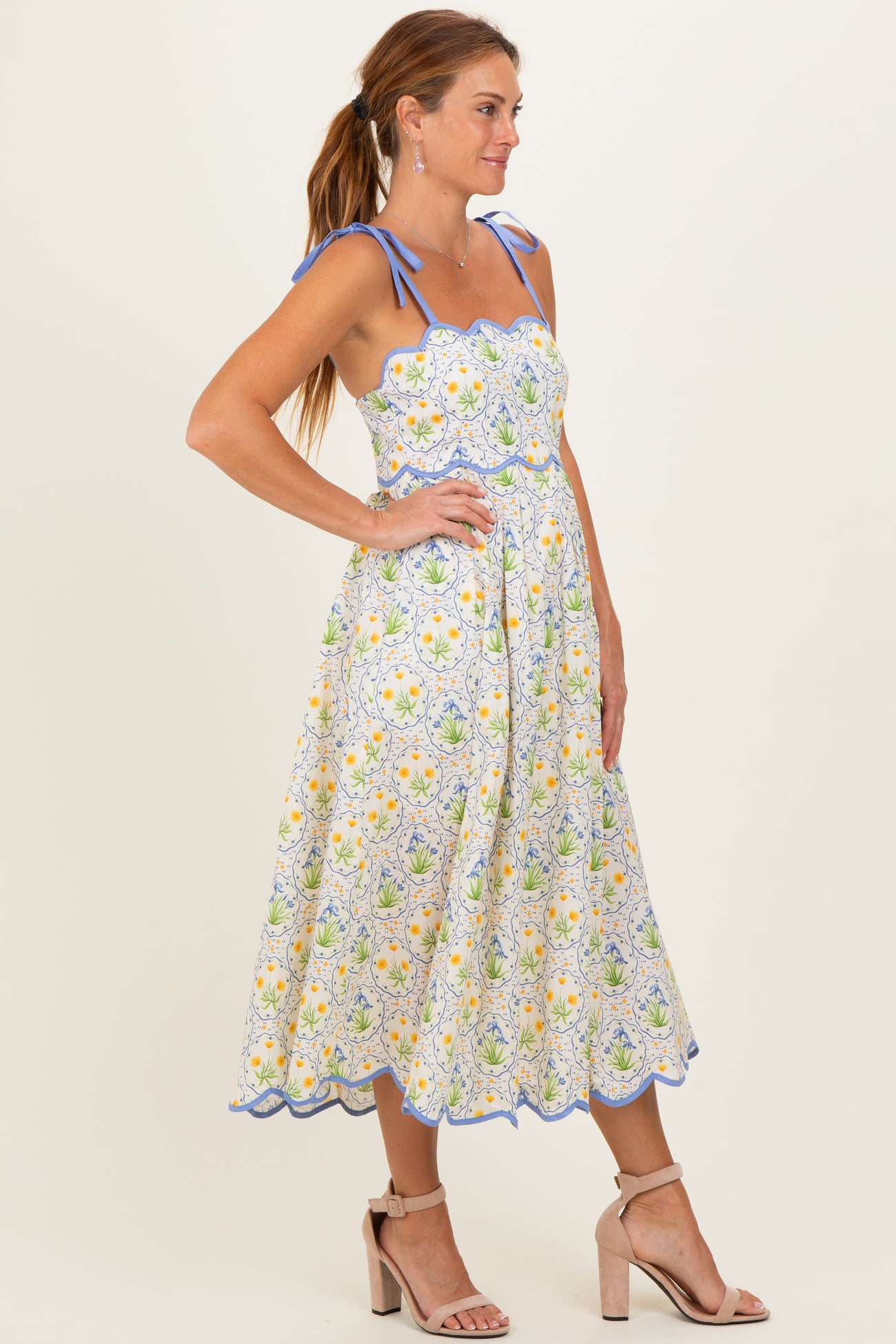 Blue Floral Scallop Accent Shoulder Tie Midi Dress