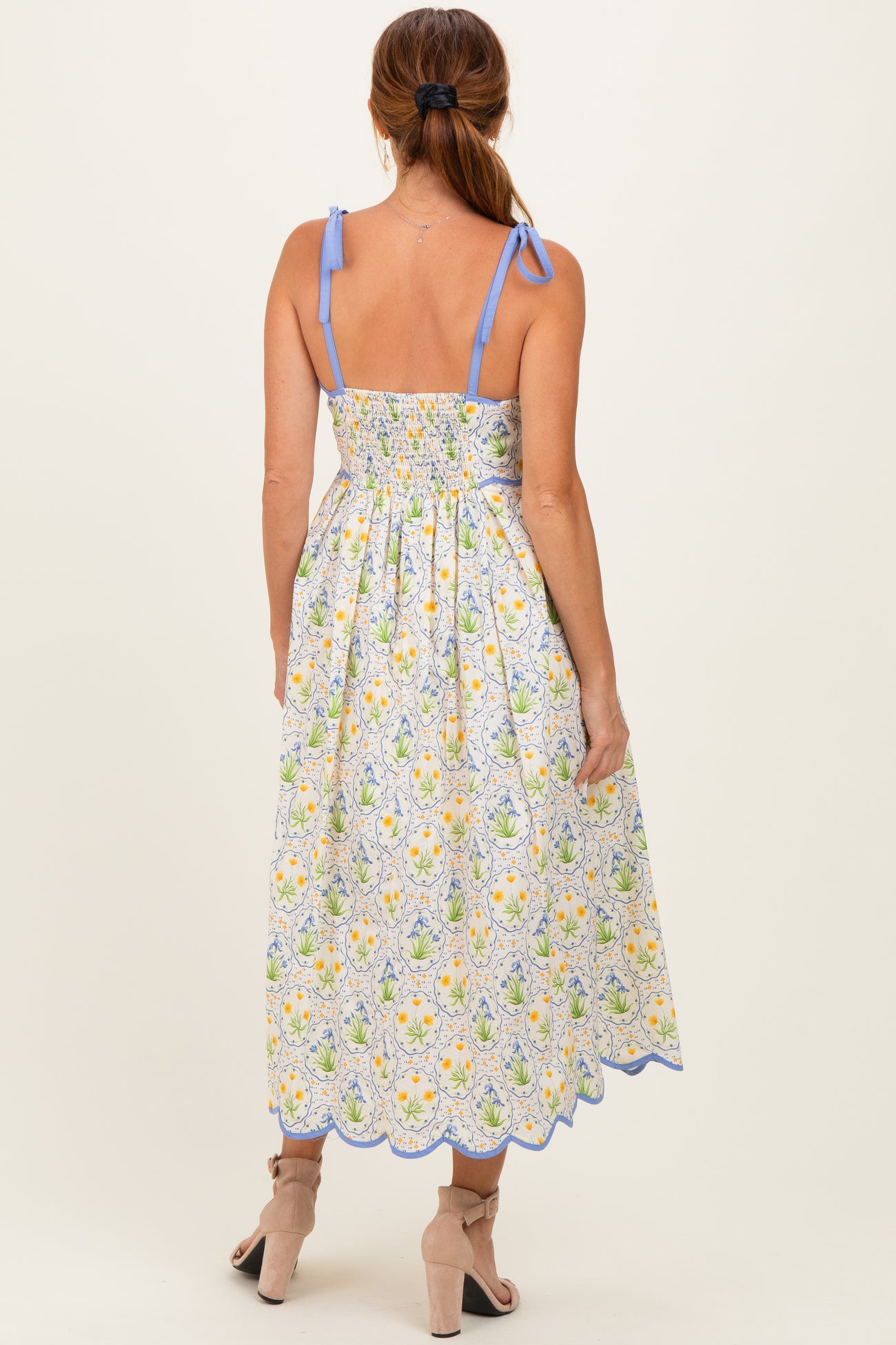 Blue Floral Scallop Accent Shoulder Tie Midi Dress