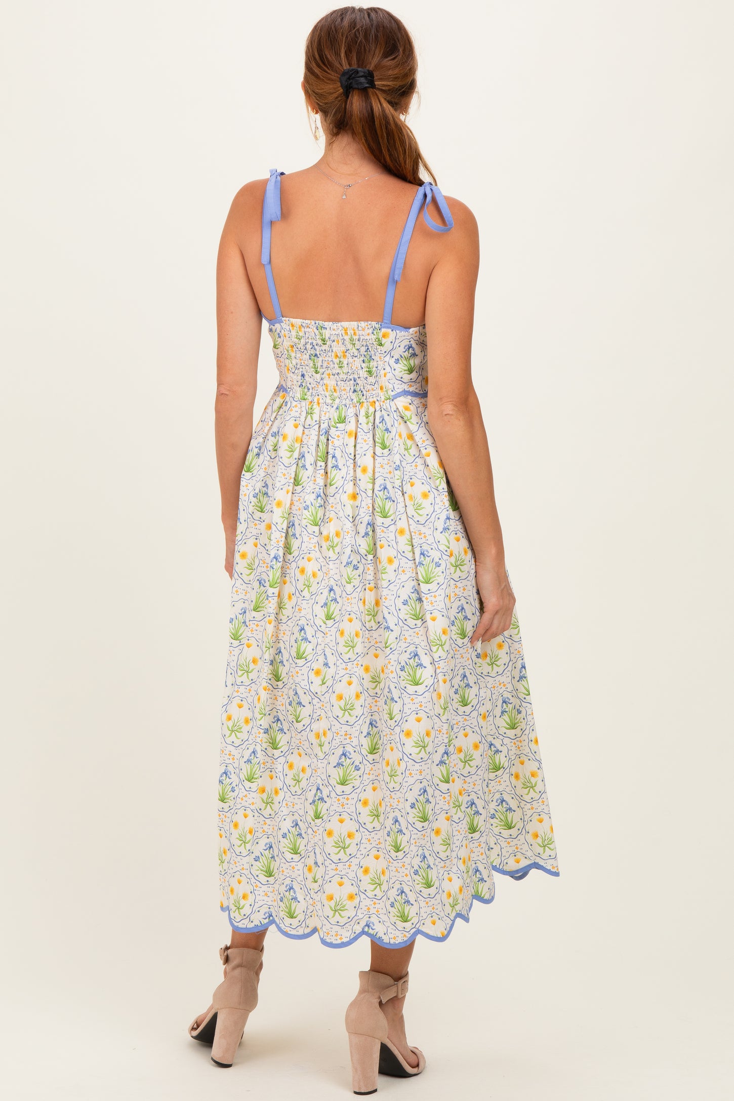 Blue Floral Scallop Accent Shoulder Tie Midi Dress
