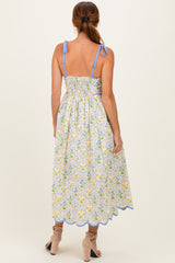 Blue Floral Scallop Accent Shoulder Tie Midi Dress