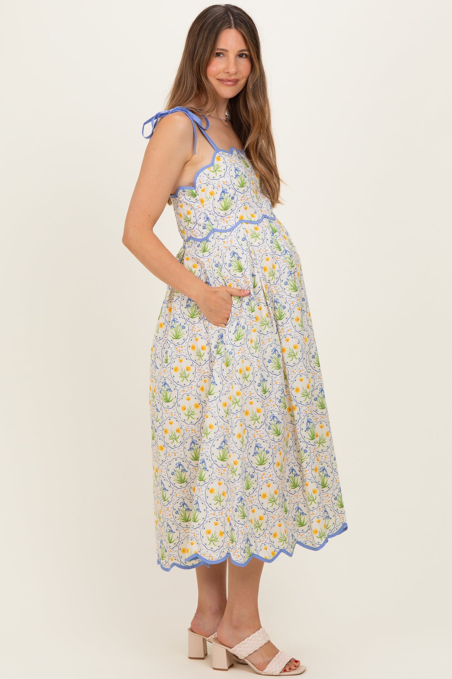 Blue Floral Scallop Accent Shoulder Tie Maternity Midi Dress
