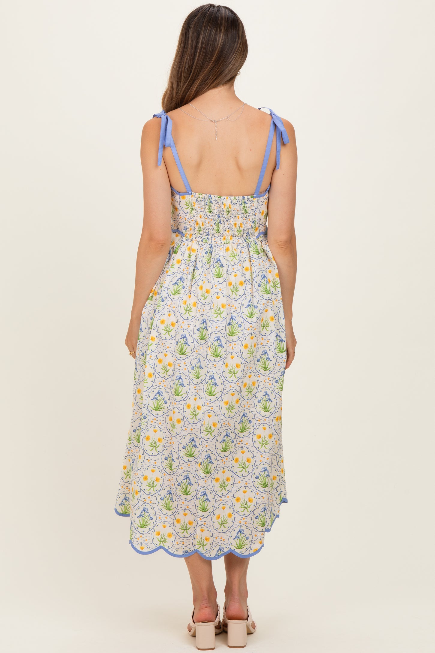 Blue Floral Scallop Accent Shoulder Tie Maternity Midi Dress
