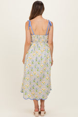 Blue Floral Scallop Accent Shoulder Tie Maternity Midi Dress