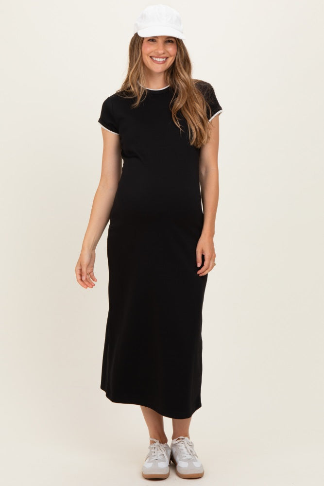 Black Contrast Trim Short Sleeve Maternity Midi Dress