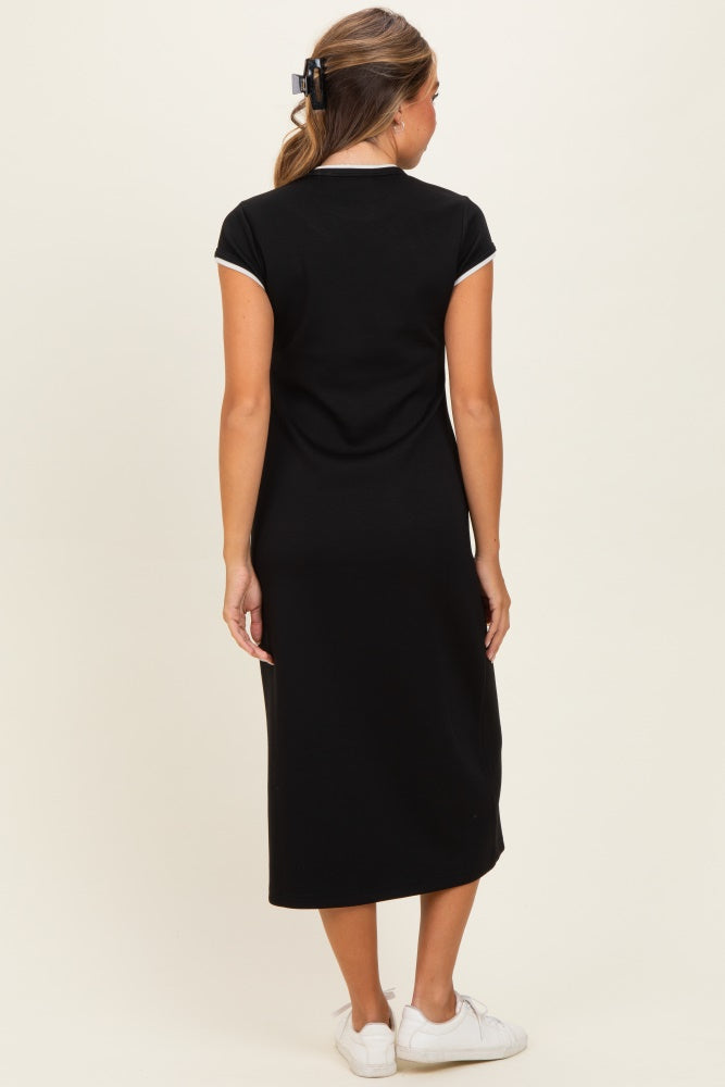 Black Contrast Trim Short Sleeve Midi Dress