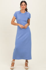 Chambray Blue Contrast Trim Short Sleeve Maternity Midi Dress