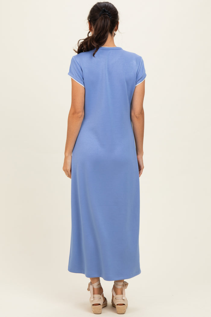 Chambray Blue Contrast Trim Short Sleeve Midi Dress